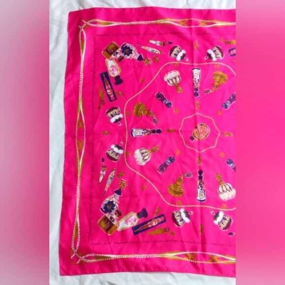 Vibrant Hot Pink Scarf with Vintage Perfume Bottles Large - Picture 2 of 13